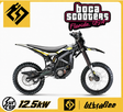 A black and yellow electric dirt bike/motor scooter shown in side profile on a white background with a yellow border. The image includes the 'boca scooters Florida, USA' logo at the top right.
